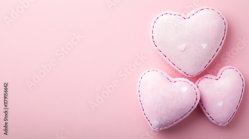 Three Pink Fabric Hearts on Pink Background