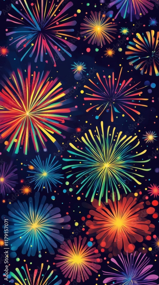 Naklejka premium colorful fireworks lighting up the night sky, dynamic and vibrant, focus on celebration and joy