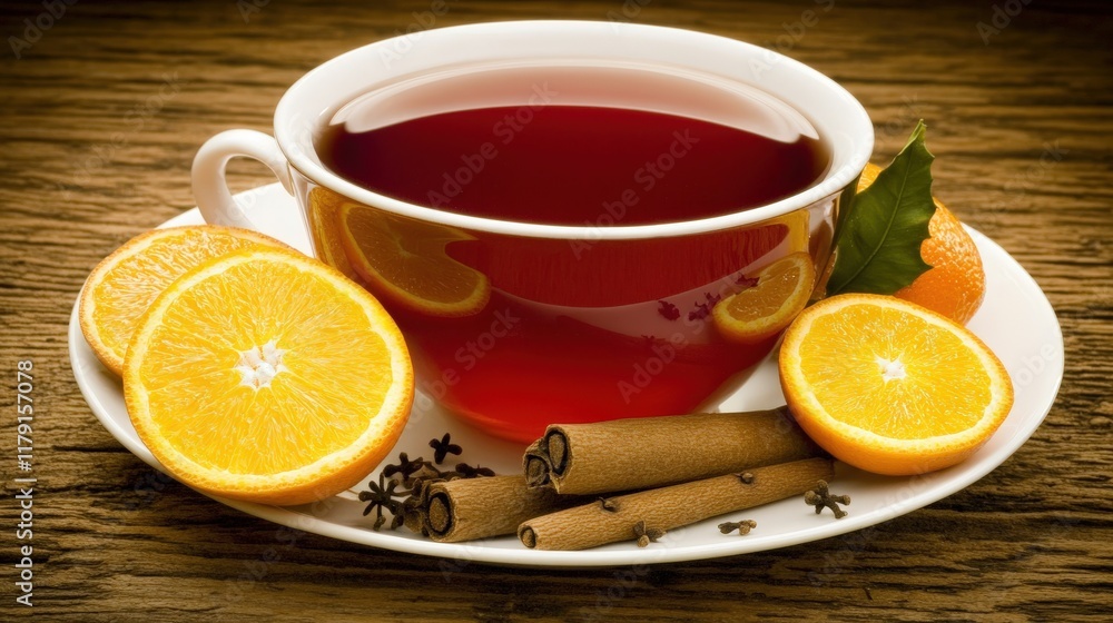 Warm Cup of Cinnamon-Infused Tea with Fresh Orange Slices on a Rustic Wooden Table Warm Cup of Cinnamon-Infused Tea with Fresh Orange Slices on a Rustic Wooden Table