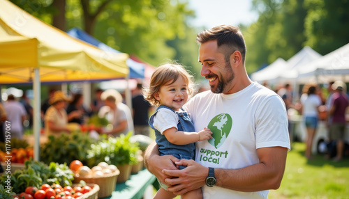 Joyful father and daughter enjoying farmers market on sunny day, family bonding