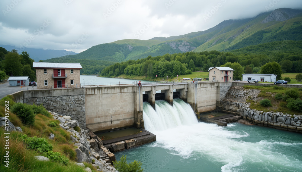 Hydroelectric plant generating power near river, sustainable energy Hydroelectric plant generating power near river, sustainable energy