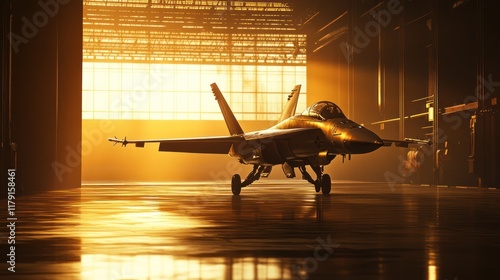 Fighter jet in hangar at sunset. (2)