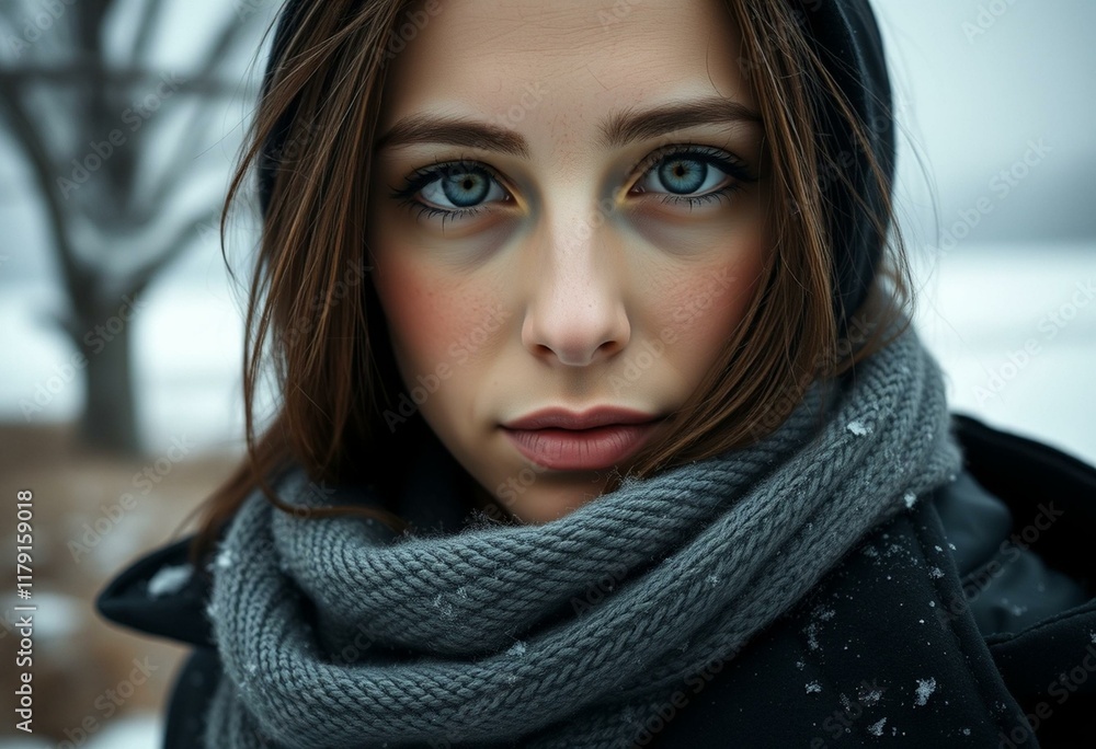 Winter portrait of a female with a distant expression Winter portrait of a female with a distant expression