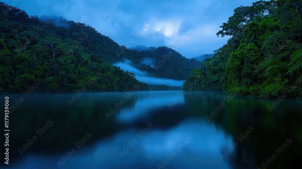 Tranquil River Flowing Gently Through Lush Green Forest Surrounded by Majestic Trees Under a Clear Blue Sky in Nature Tranquil River Flowing Gently Through Lush Green Forest Surrounded by Majestic Trees Under a Clear Blue Sky in Nature