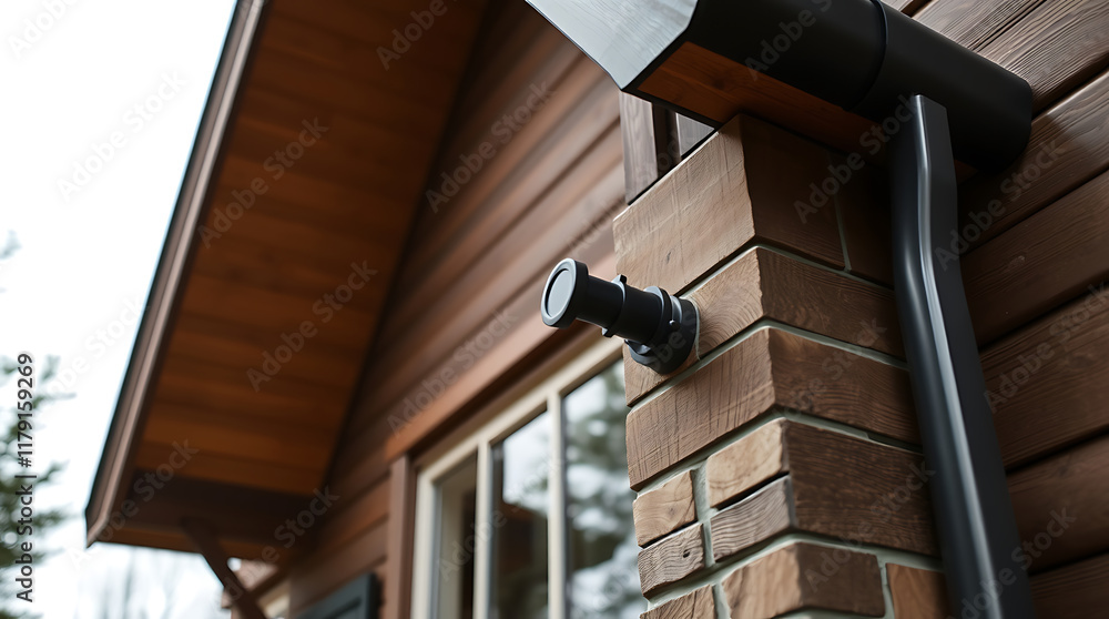 Exterior view of a security camera mounted on a brick wall of a wood-sided building. A downspout is visible nearby. The scene is brightly lit, likely daytime. Exterior view of a security camera mounted on a brick wall of a wood-sided building. A downspout is visible nearby. The scene is brightly lit, likely daytime.