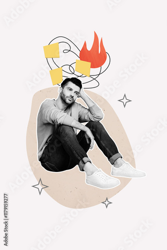 Composite trend artwork sketch image photo collage of young guy emoji face sit sad mind think depression mental problem fire burn flame