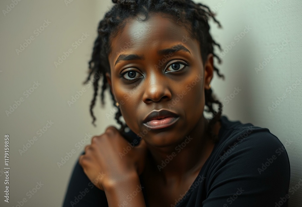 Somber Afro-American woman in contemplative pose Somber Afro-American woman in contemplative pose