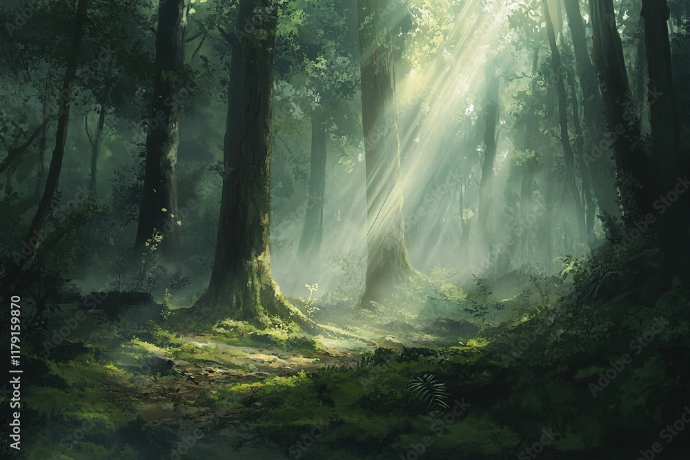Obraz premium Mystical Forest with Sunlight Streaming Through Tall Trees