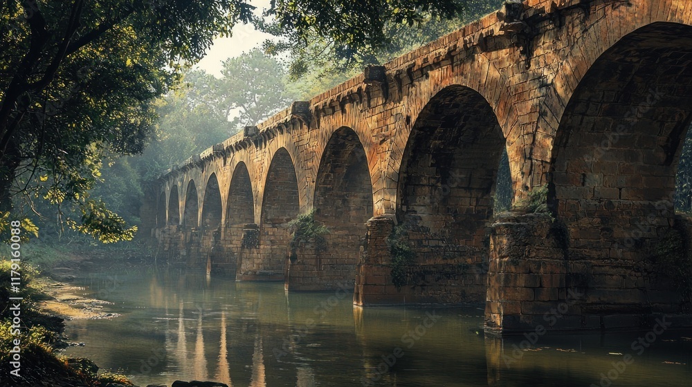 Ancient Stone Bridge Over Misty River in Lush Forest Ancient Stone Bridge Over Misty River in Lush Forest