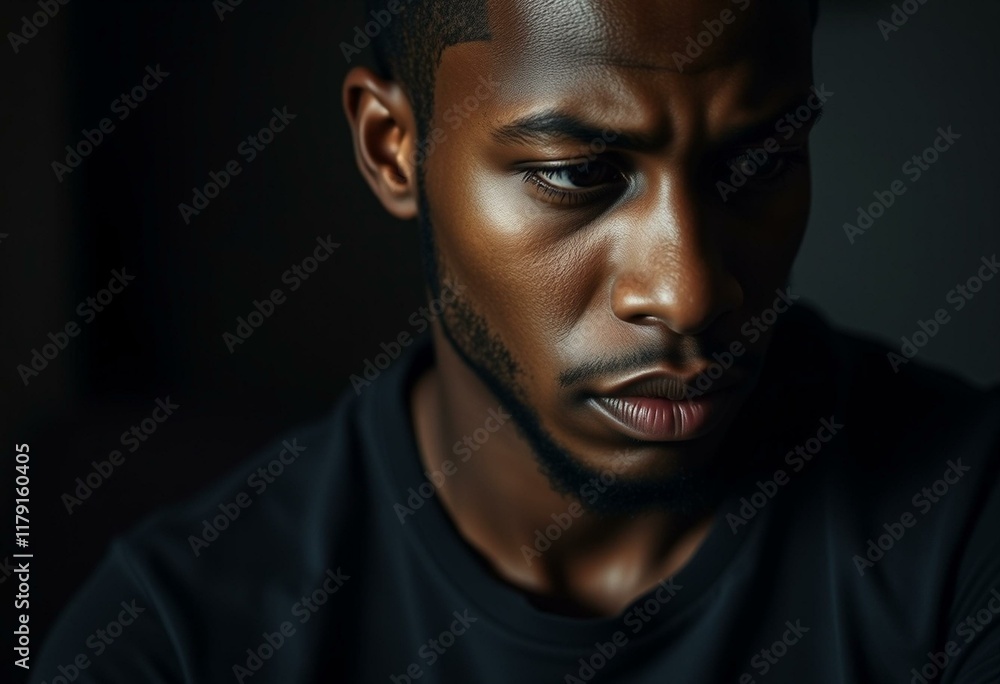 Sad Afro-American male in a dimly lit room Sad Afro-American male in a dimly lit room