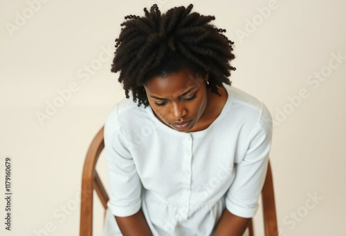 A solemn Afro-American woman in a white dress, sitting on a wooden chair, looking down with a mix of sadness and disappointment. photo