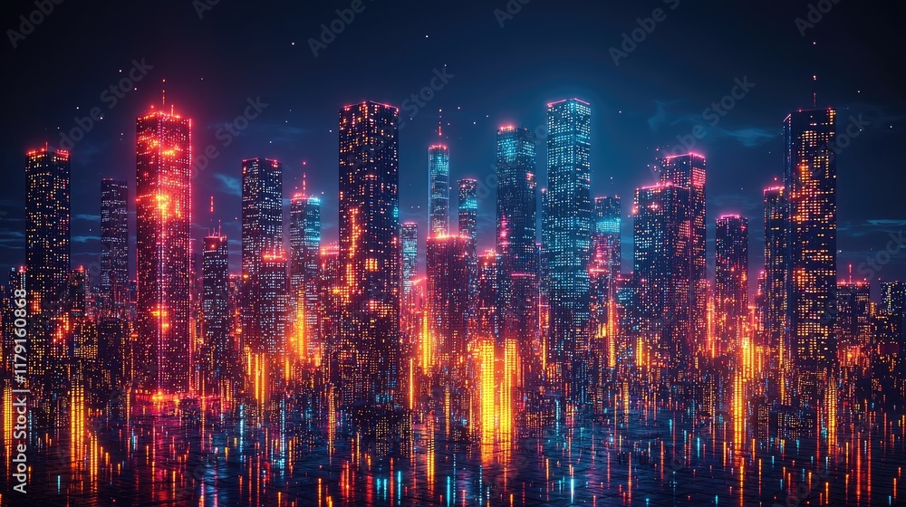 Fototapeta premium Neon cityscape at night with pixelated glowing skyscrapers and reflecting lights.