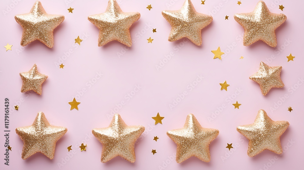 Glittery Gold Stars Frame Pink Background Glittery Gold Stars Frame Pink Background