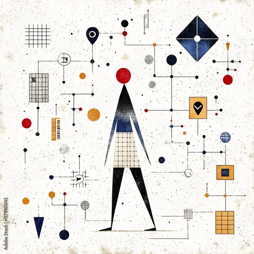 Playful doodle figure amidst scattered location markers and communication symbols set against an enigmatic patterned surface with geometric minimalist in earthy tonal values photo