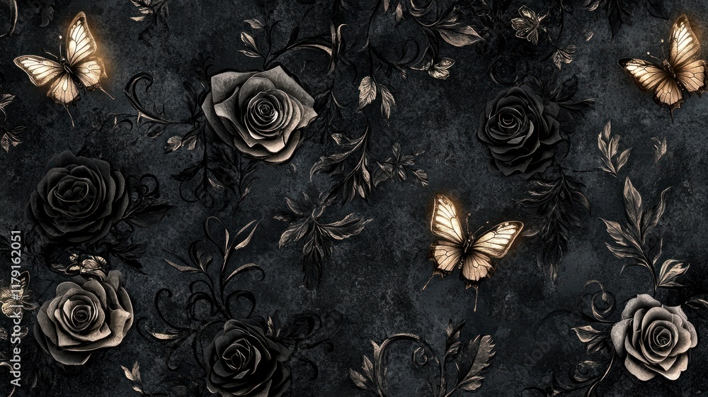 A seamless gothic floral pattern with delicate butterflies, glowing roses, and baroque vines on a textured background A seamless gothic floral pattern with delicate butterflies, glowing roses, and baroque vines on a textured background