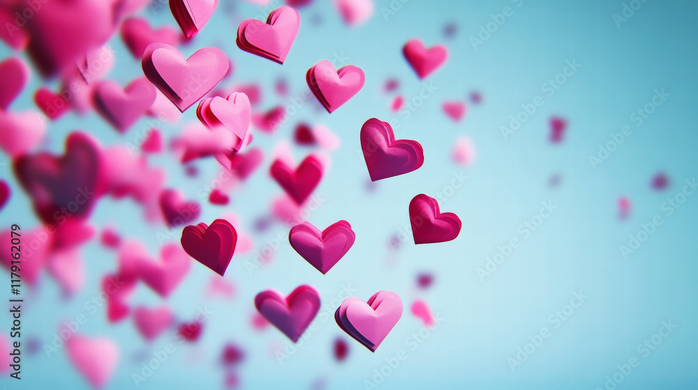Romantic composition of paper pink hearts falling from above the image. Pastel light blue background. Generative AI Romantic composition of paper pink hearts falling from above the image. Pastel light blue background. Generative AI