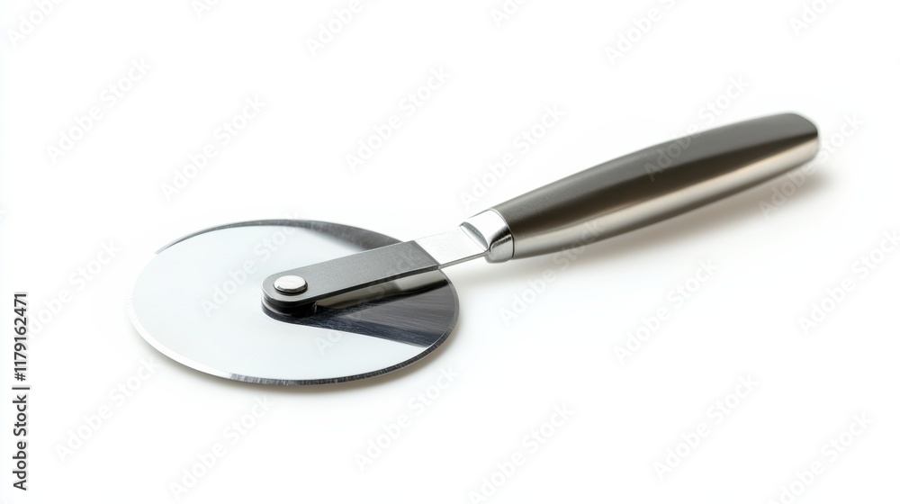 A pizza cutter with a sharp circular blade, isolated on a clean white background A pizza cutter with a sharp circular blade, isolated on a clean white background