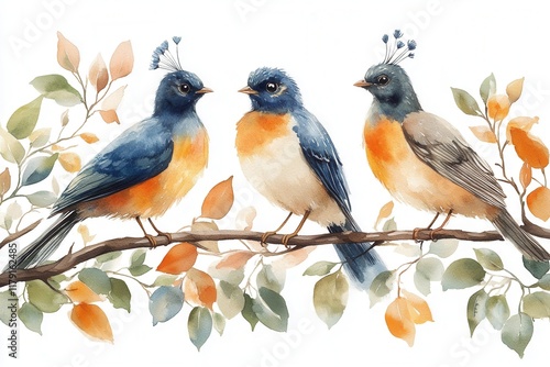 A watercolor illustration of three colorful birds perched on a branch among leaves.