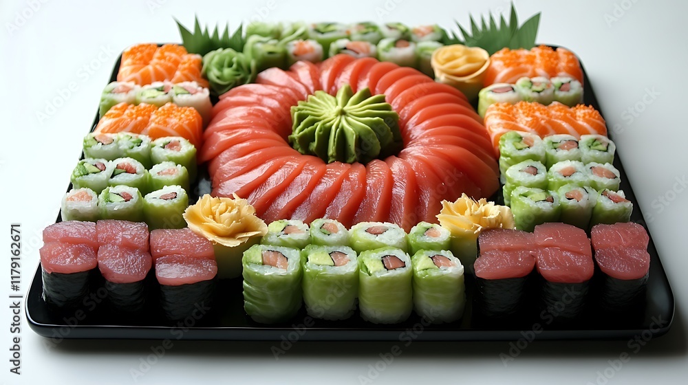 Beautifully Arranged Sushi Platter with Tuna, Salmon, and Fresh Ingredients – Elegant Japanese Cuisine Beautifully Arranged Sushi Platter with Tuna, Salmon, and Fresh Ingredients – Elegant Japanese Cuisine