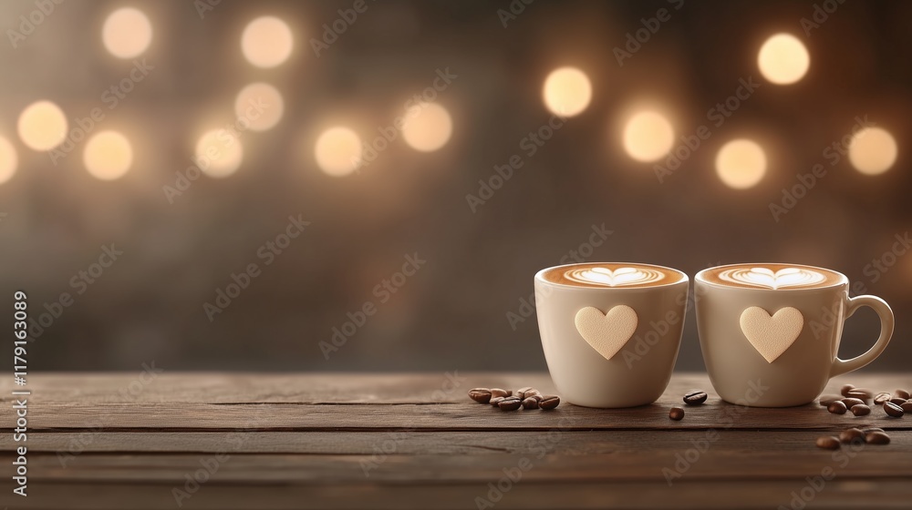 Obraz premium Coffee cups with heart-shaped latte art creating a cozy ambiance in a warm cafe setting