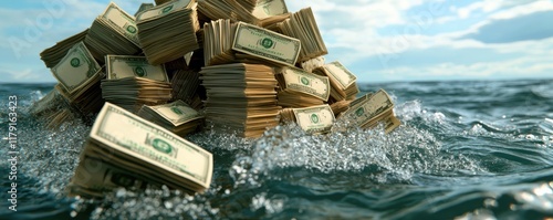 Financial forecast inflation concept. A pile of cash submerged in water, illustrating themes of wealth, risk, and the transient nature of money. photo