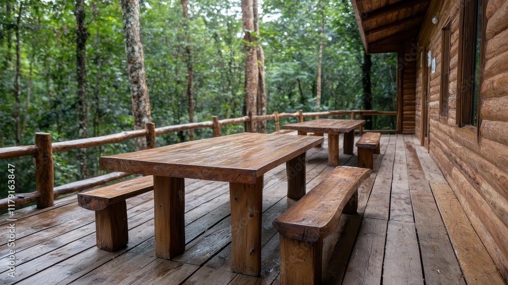 Cozy Wooden Table and Benches Set on Rustic Deck Surrounded by Lush Greenery Creating a Warm Inviting Outdoor Space Cozy Wooden Table and Benches Set on Rustic Deck Surrounded by Lush Greenery Creating a Warm Inviting Outdoor Space