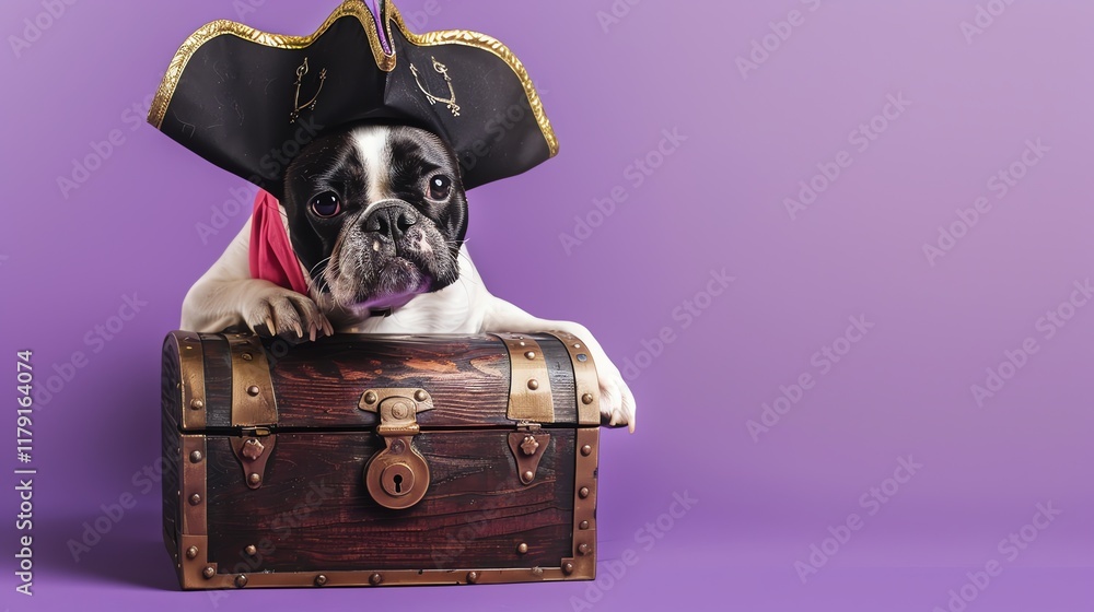 Fototapeta premium A French bulldog wearing a pirate hat and bandana, looking over the edge of a treasure chest.