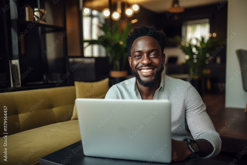 Happy black man using laptop, enjoying remote work in comfortable home office Happy black man using laptop, enjoying remote work in comfortable home office