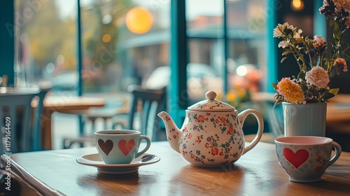 A clean tea shop table with floral teapots and heart-themed teacups photo