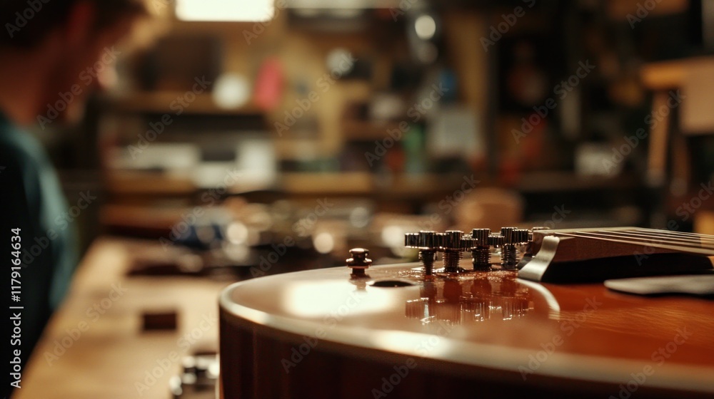 Obraz premium Close-up of acoustic guitar headstock on workbench in workshop.