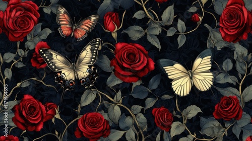A seamless gothic pattern of delicate butterflies amidst deep-hued roses and thorny vines, creating a mystical look