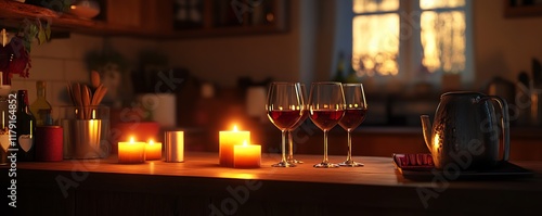 cozy valentine wine and candle on the table