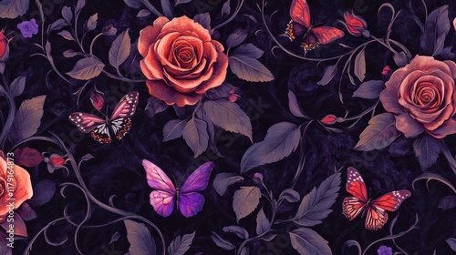 A seamless gothic pattern of delicate butterflies amidst deep-hued roses and thorny vines, creating a mystical look