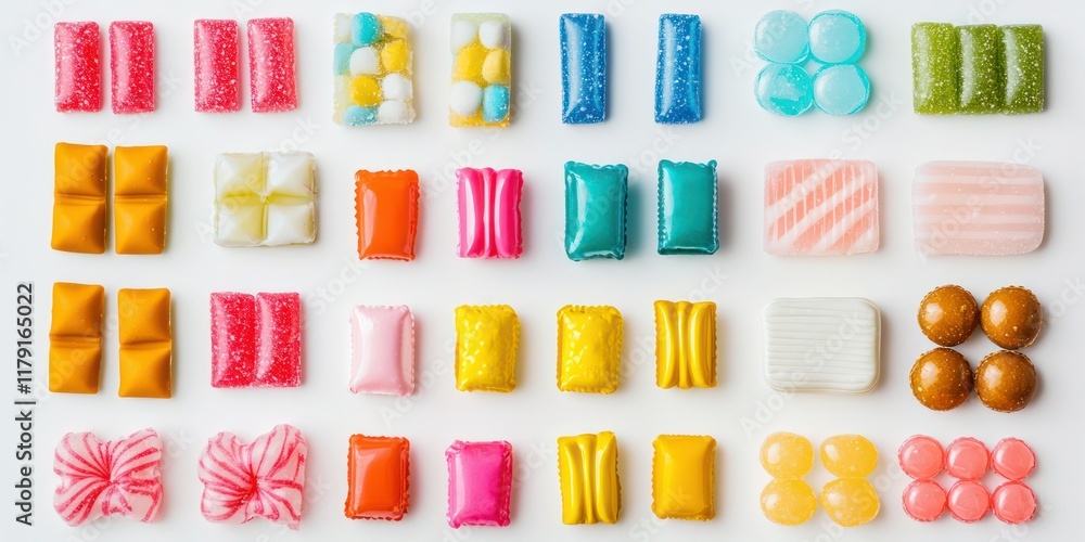 Collection set of candies in colorful wrappers on white background Collection set of candies in colorful wrappers on white background