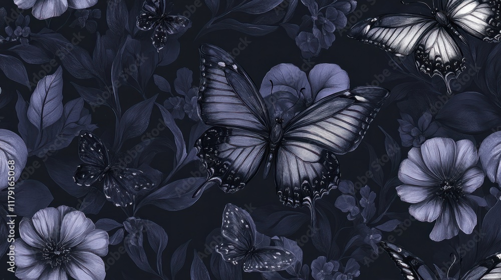 A seamless pattern of gothic flowers and detailed butterflies in dark tones with subtle silver accents A seamless pattern of gothic flowers and detailed butterflies in dark tones with subtle silver accents