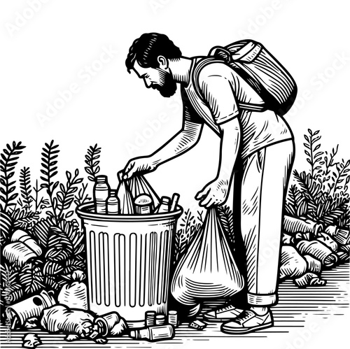 Man Collecting Trash in Nature engraving vector