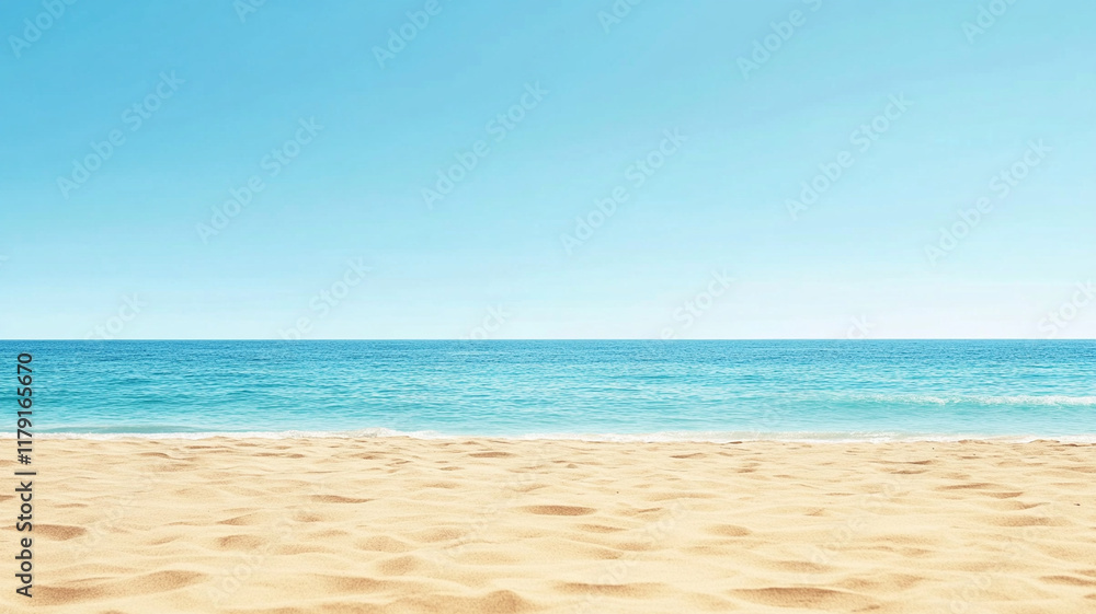 Tropical sandy beach and turquoise ocean water with bright blue sky on sunny summer day in paradise minimalist landscape Tropical sandy beach and turquoise ocean water with bright blue sky on sunny summer day in paradise minimalist landscape