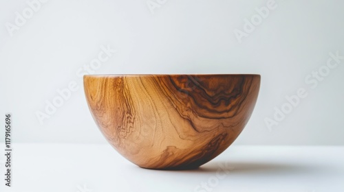 A polished wooden salad bowl, displayed on a clean white backdrop photo