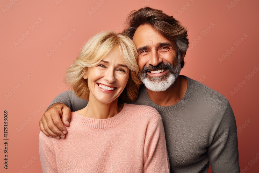 Cheerful mature couple embracing and smiling on a pink background, showing love and companionship in old age Cheerful mature couple embracing and smiling on a pink background, showing love and companionship in old age
