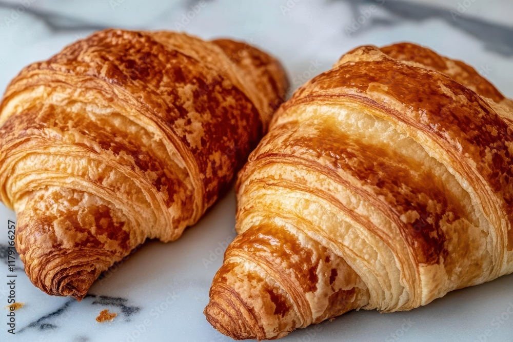 Two golden croissants on marble, bakery setting, breakfast food Two golden croissants on marble, bakery setting, breakfast food