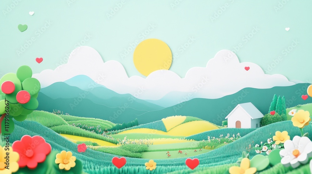 Idyllic paper-cut landscape with house, sun, flowers, and hearts. Idyllic paper-cut landscape with house, sun, flowers, and hearts.