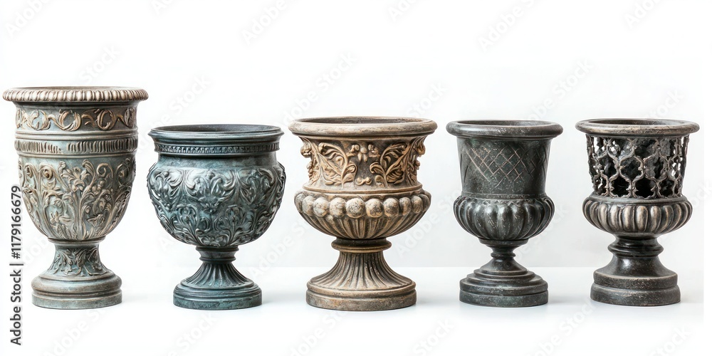 Collection set of large Greek garden urns on white background Collection set of large Greek garden urns on white background