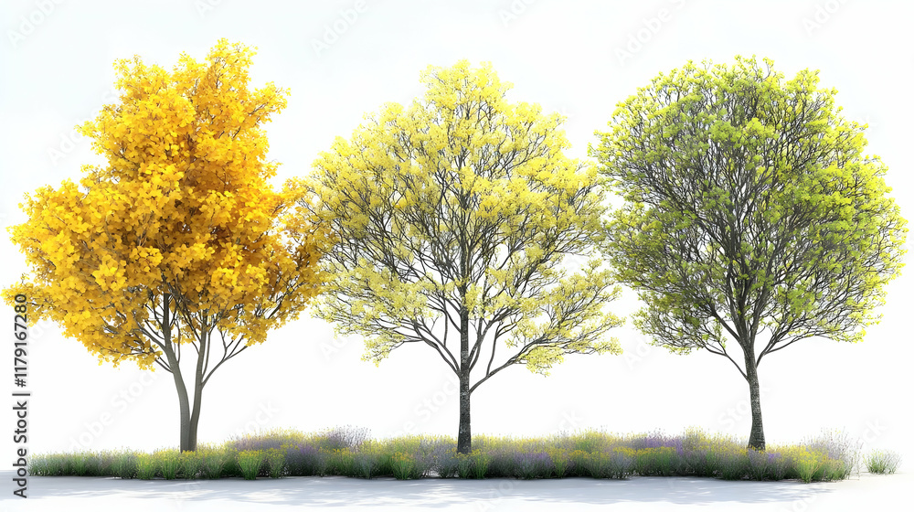 Three Trees with Yellow and Green Leaves Stand Majestically in a Field of Wildflowers Three Trees with Yellow and Green Leaves Stand Majestically in a Field of Wildflowers