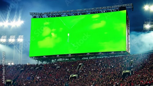 Large green screen displayed in a stadium during a packed sports event