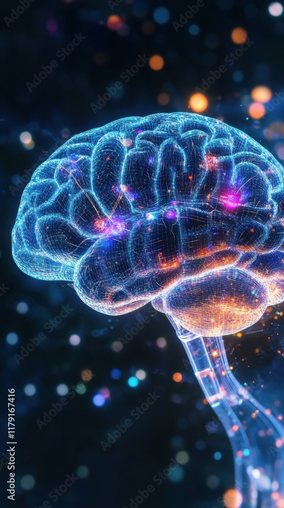 Close-up of a holographic digital brain glowing with vibrant light, futuristic depiction, isolated with a clean background for clarity and focus. Close-up of a holographic digital brain glowing with vibrant light, futuristic depiction, isolated with a clean background for clarity and focus.