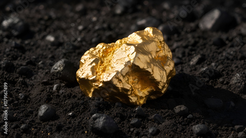 Raw golden gold nugget on mineral mine dark soil, symbolise wealth, treasure & precious expensive metal photo