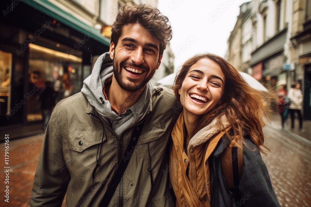 Young tourists couple laughing and walking down the street on a rainy day Young tourists couple laughing and walking down the street on a rainy day
