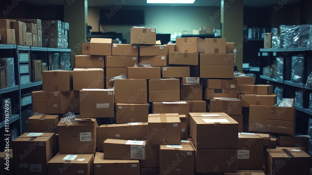 Wide Angle Shot of Cardboard Boxes in a Spacious Office Environment Wide Angle Shot of Cardboard Boxes in a Spacious Office Environment