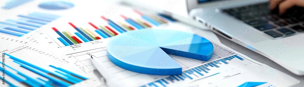 Fototapeta premium Results visualized as professionals discuss pie charts and bar graphs in a meeting.