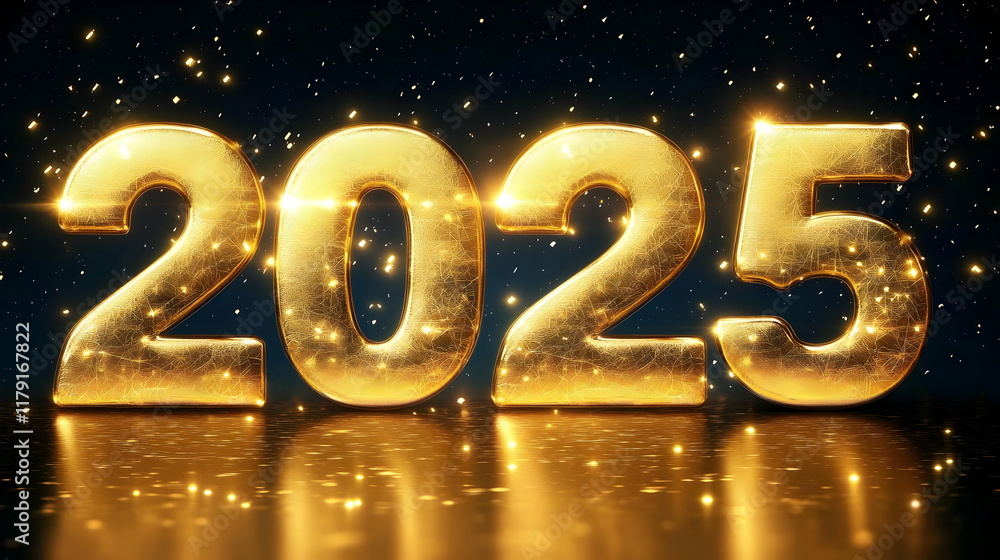 Golden 2025 Numbers Shine Brightly on a Reflective Surface with Sparkling Particles Golden 2025 Numbers Shine Brightly on a Reflective Surface with Sparkling Particles